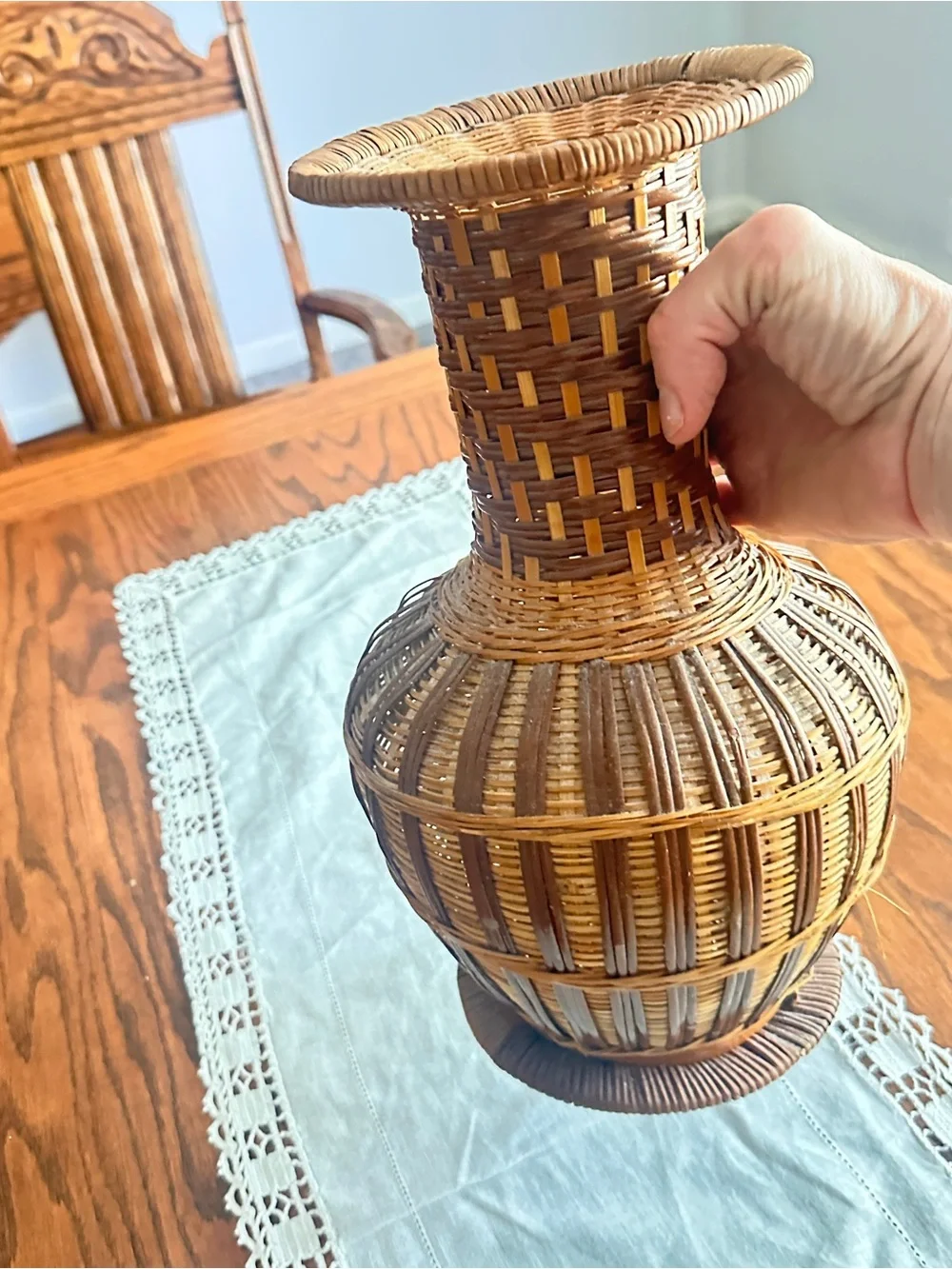 Vintage wicker rattan vase boho